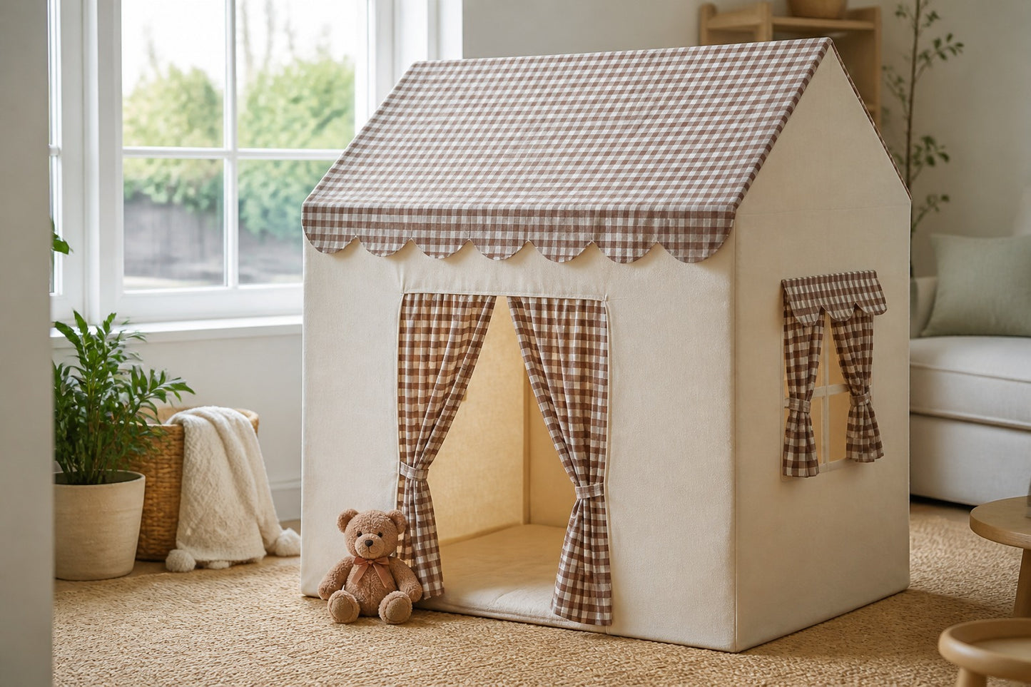 Styled at-home scene: Gingham Cottage Playhouse