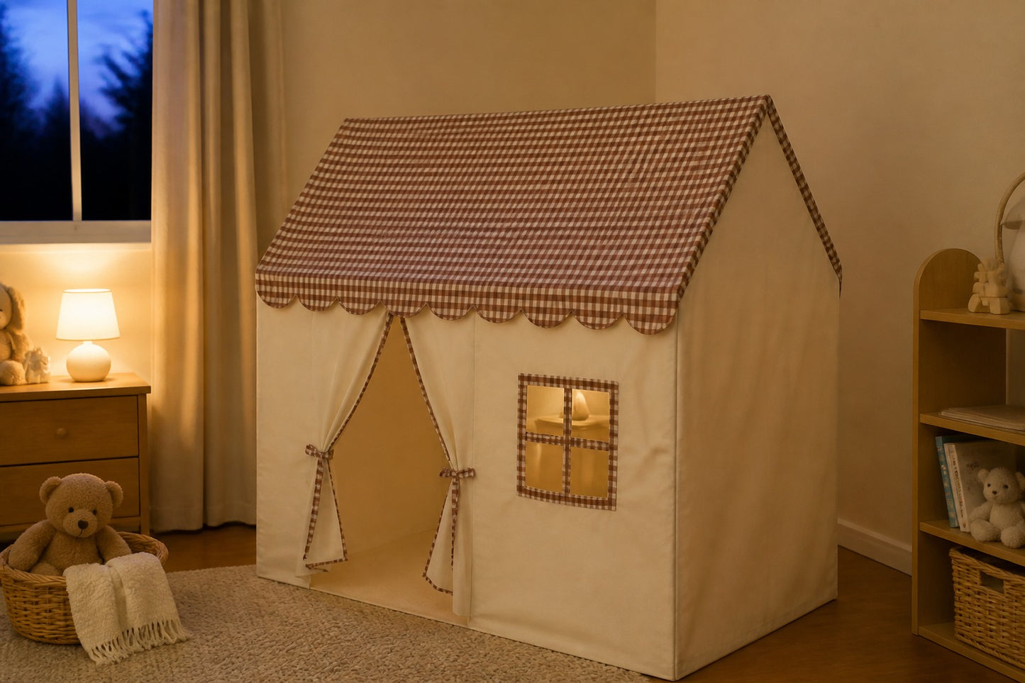 Styled at-home scene: Gingham Cottage Playhouse