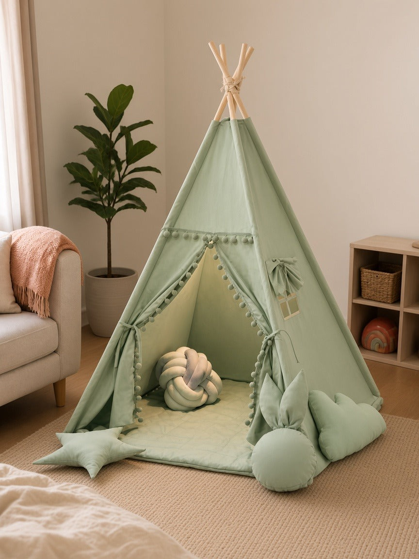 Styled at-home scene: Sage Pom-Pom Teepee