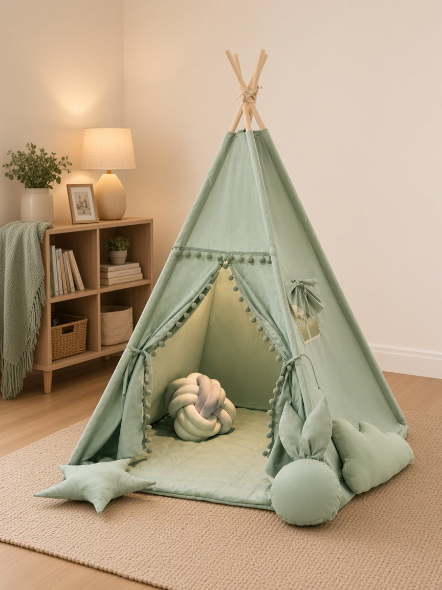 Styled at-home scene: Sage Pom-Pom Teepee