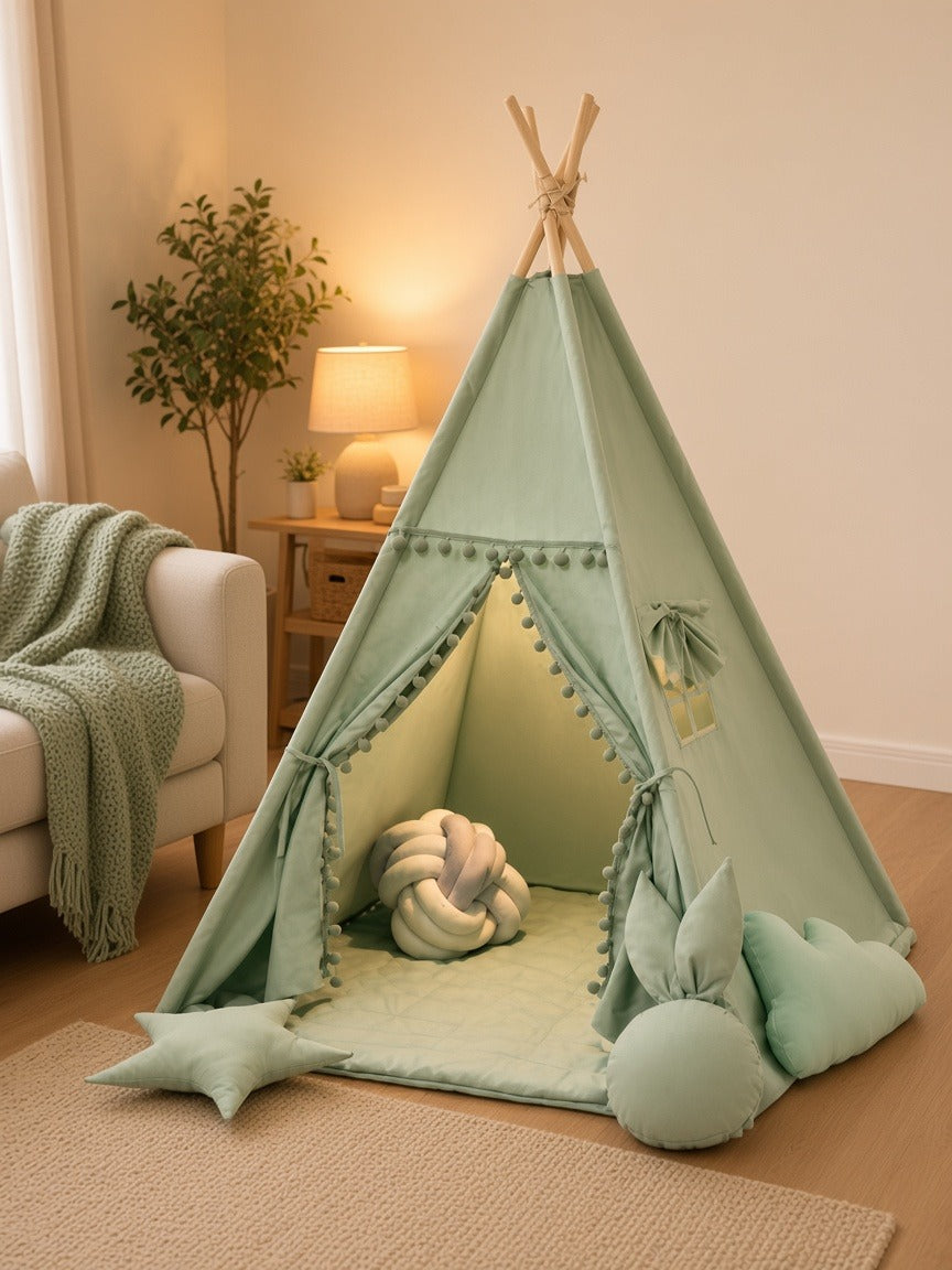 Styled at-home scene: Sage Pom-Pom Teepee