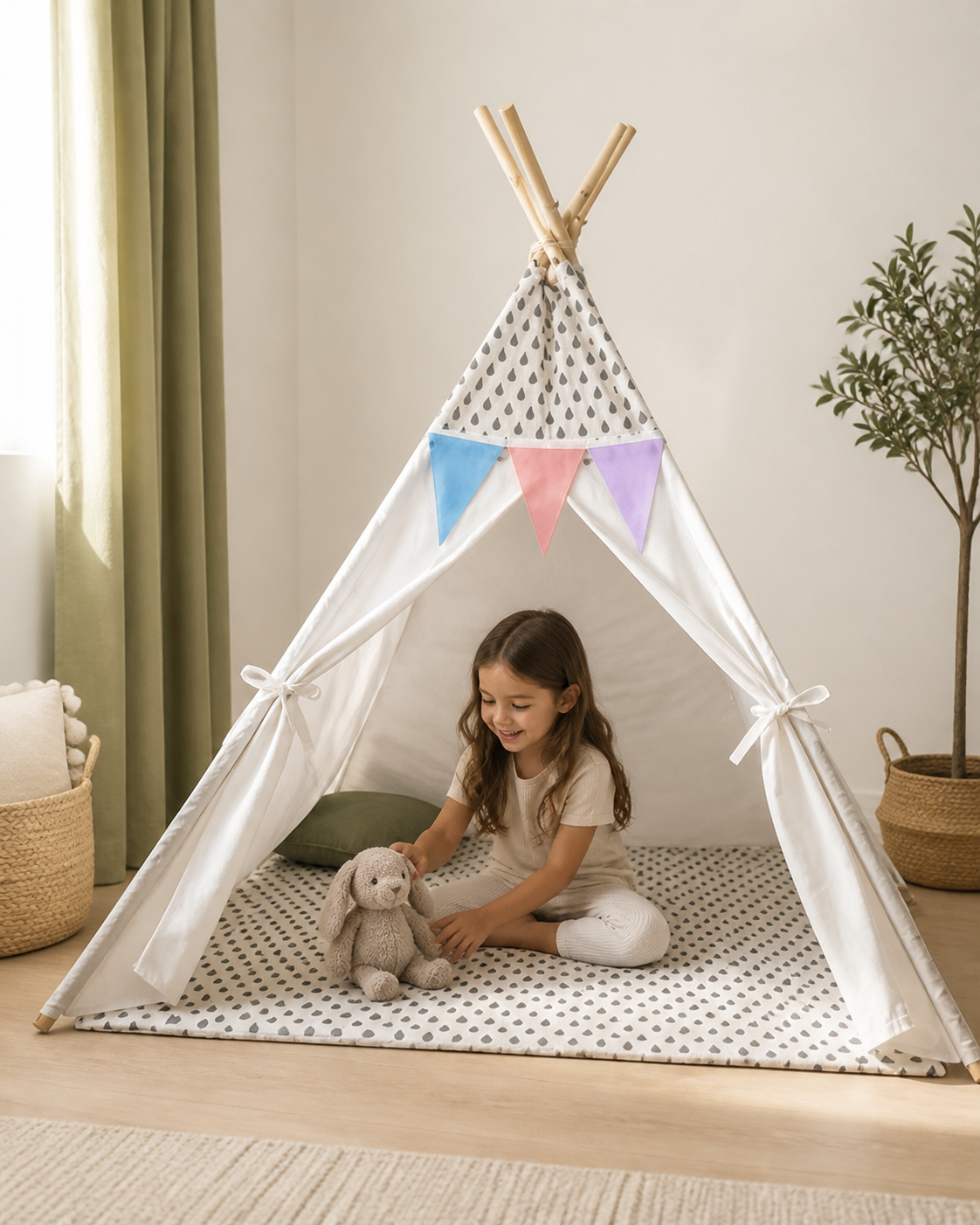 Child relaxing inside the Starlight Padded Teepee