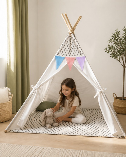 Child relaxing inside the Starlight Padded Teepee