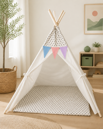 Starlight Padded Teepee styled in a soft neutral playroom