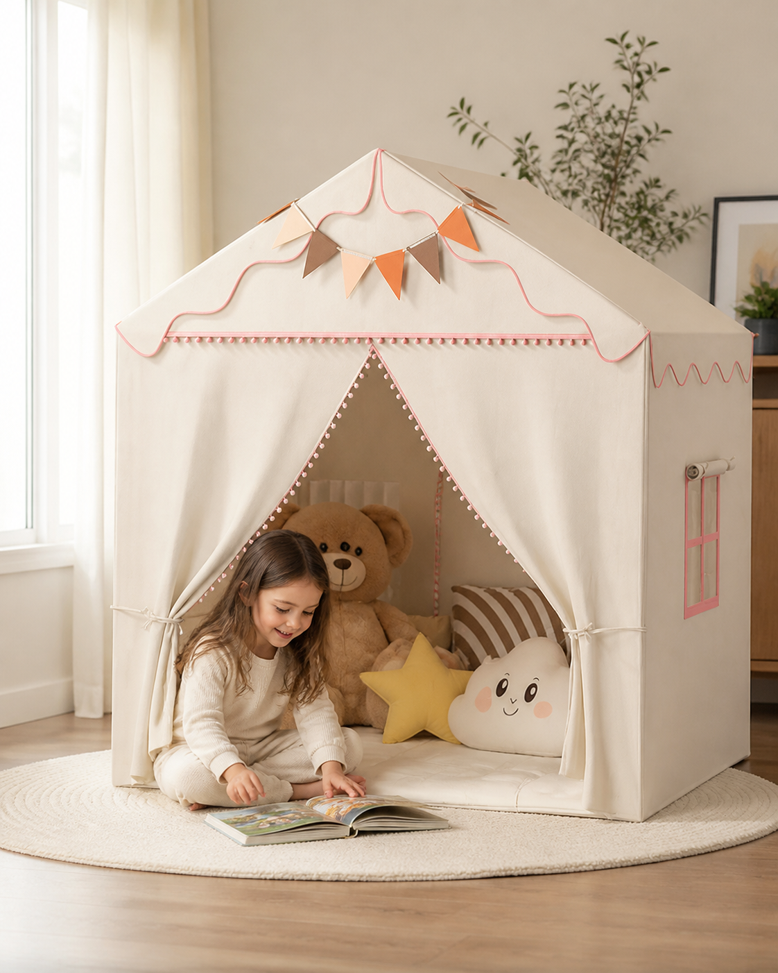 Child playing inside the Storytime Cottage Playhouse
