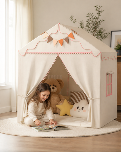 Child playing inside the Storytime Cottage Playhouse