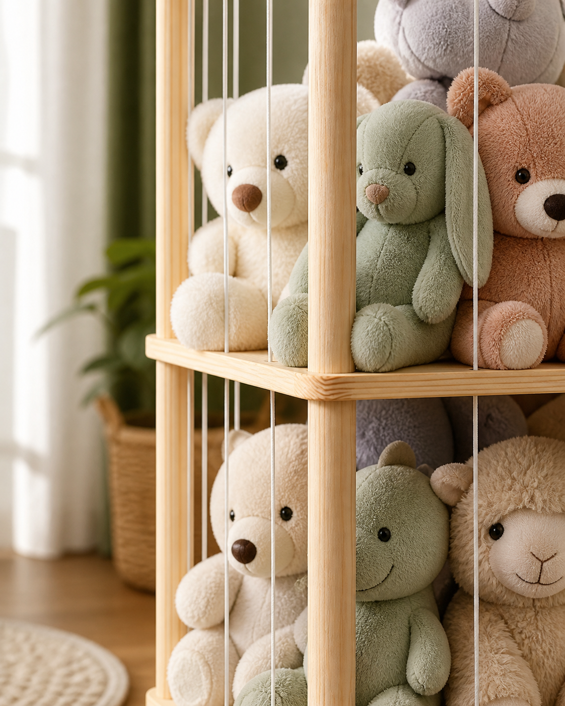 Close-up of plush toys held between the elastic cords of the storage rack