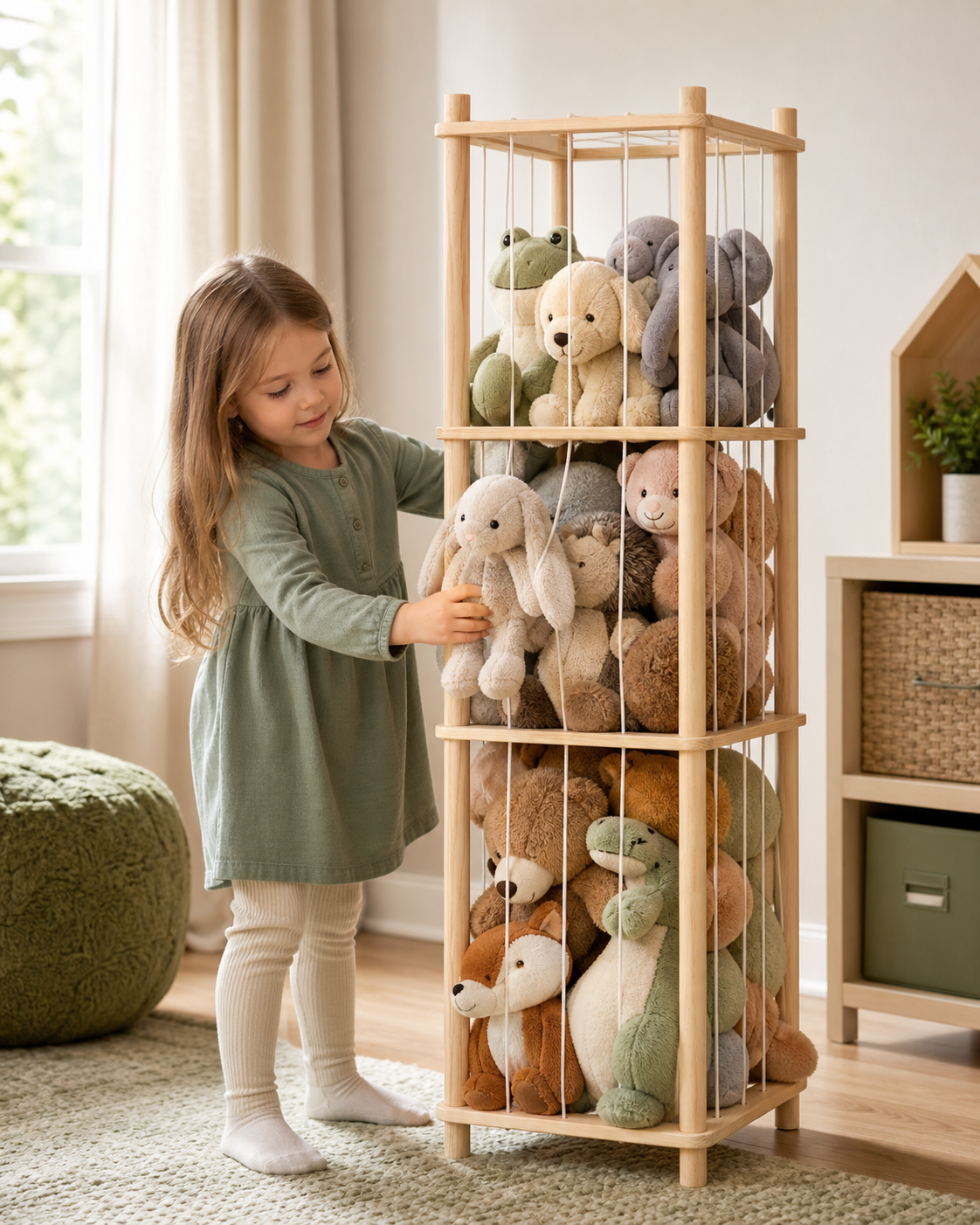 Child choosing a stuffed animal from the storage rack