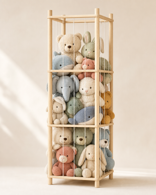 Natural wood stuffed animal storage rack with elastic cords filled with plush toys