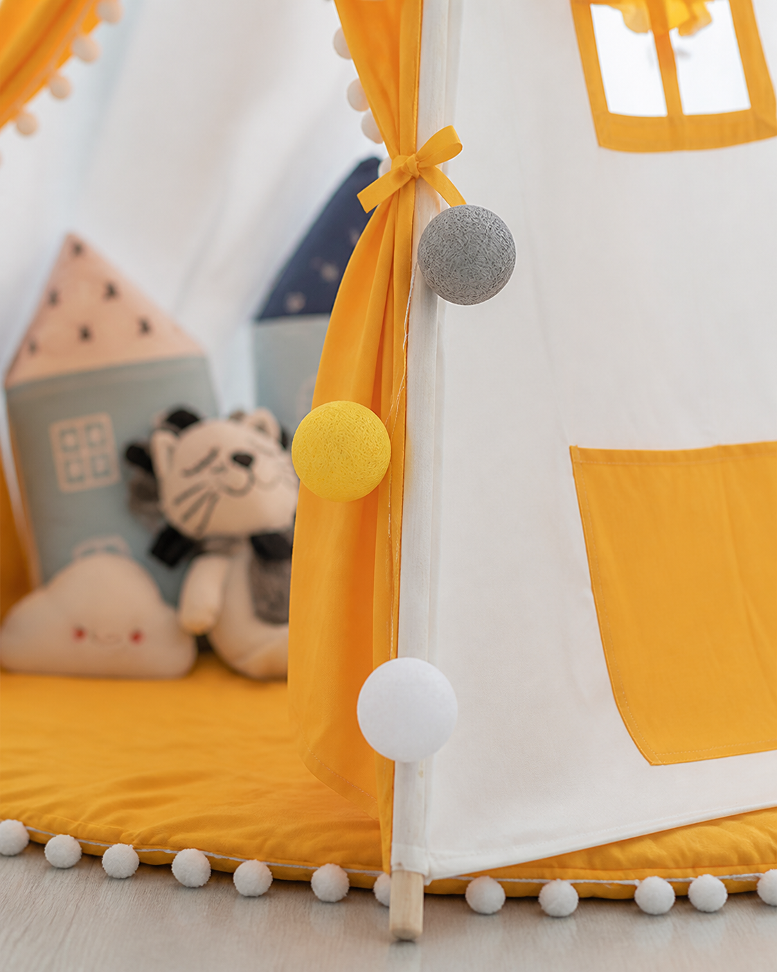 Close-up of the fabric and bunting detail on the Sunbeam Foldable Teepee