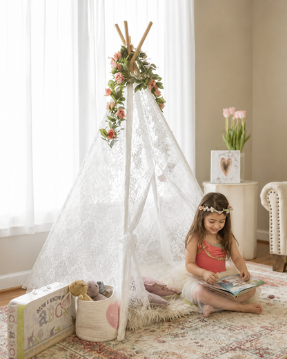Child playing inside the Willow Lace Teepee