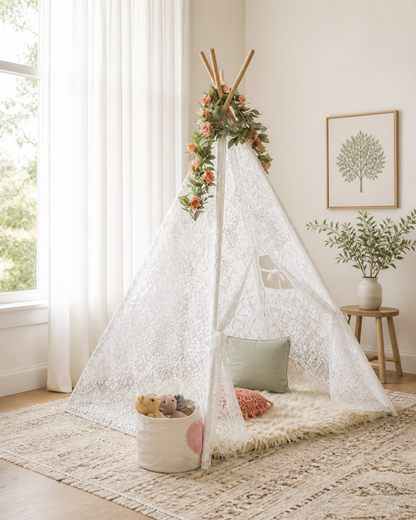 Willow Lace Teepee styled in a light, airy nursery