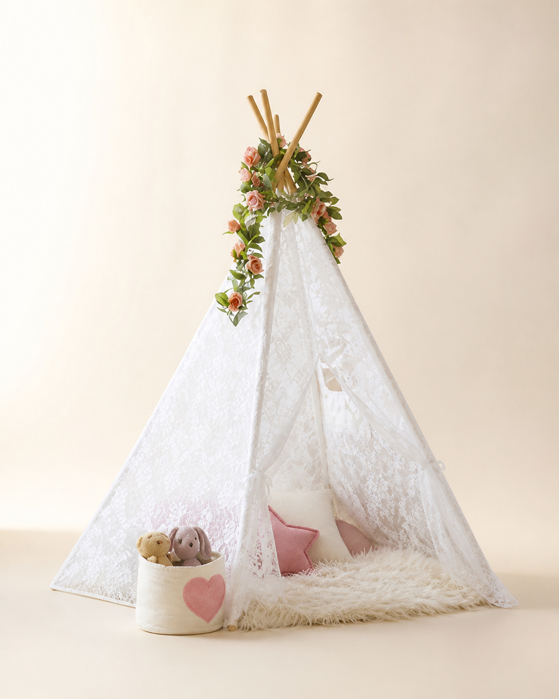 White lace kids teepee tent on a warm studio background