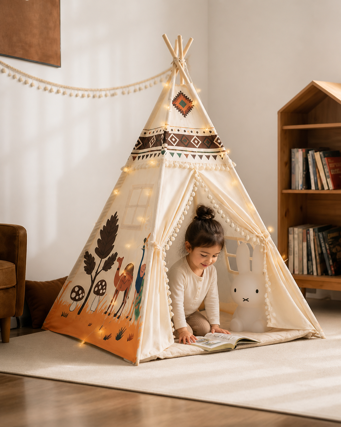 Child playing inside the Woodland Friends Teepee