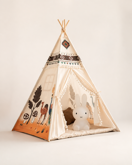 Cream kids teepee tent with woodland animal print border on a warm studio background